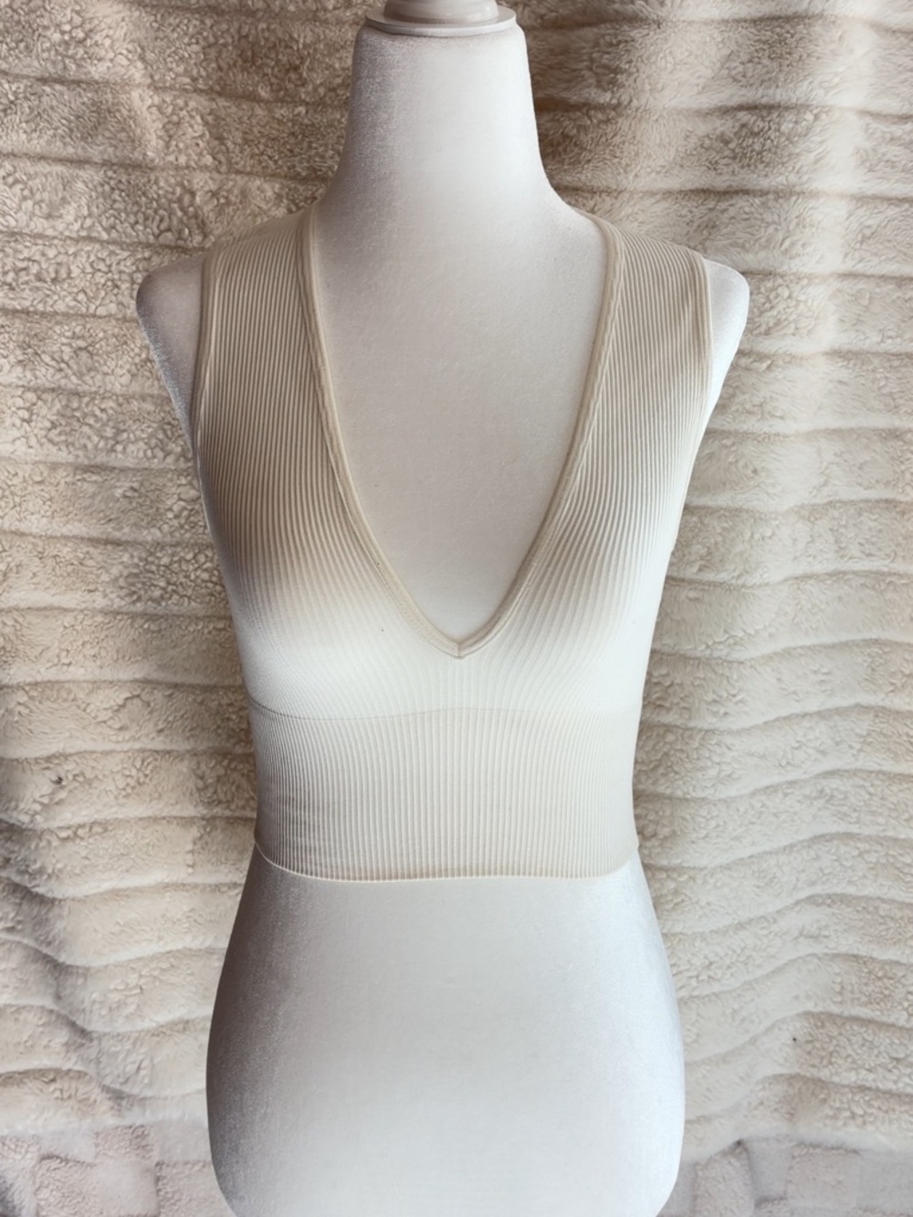 Urban Outfitters Cream Ribbed V-Neck Crop Top